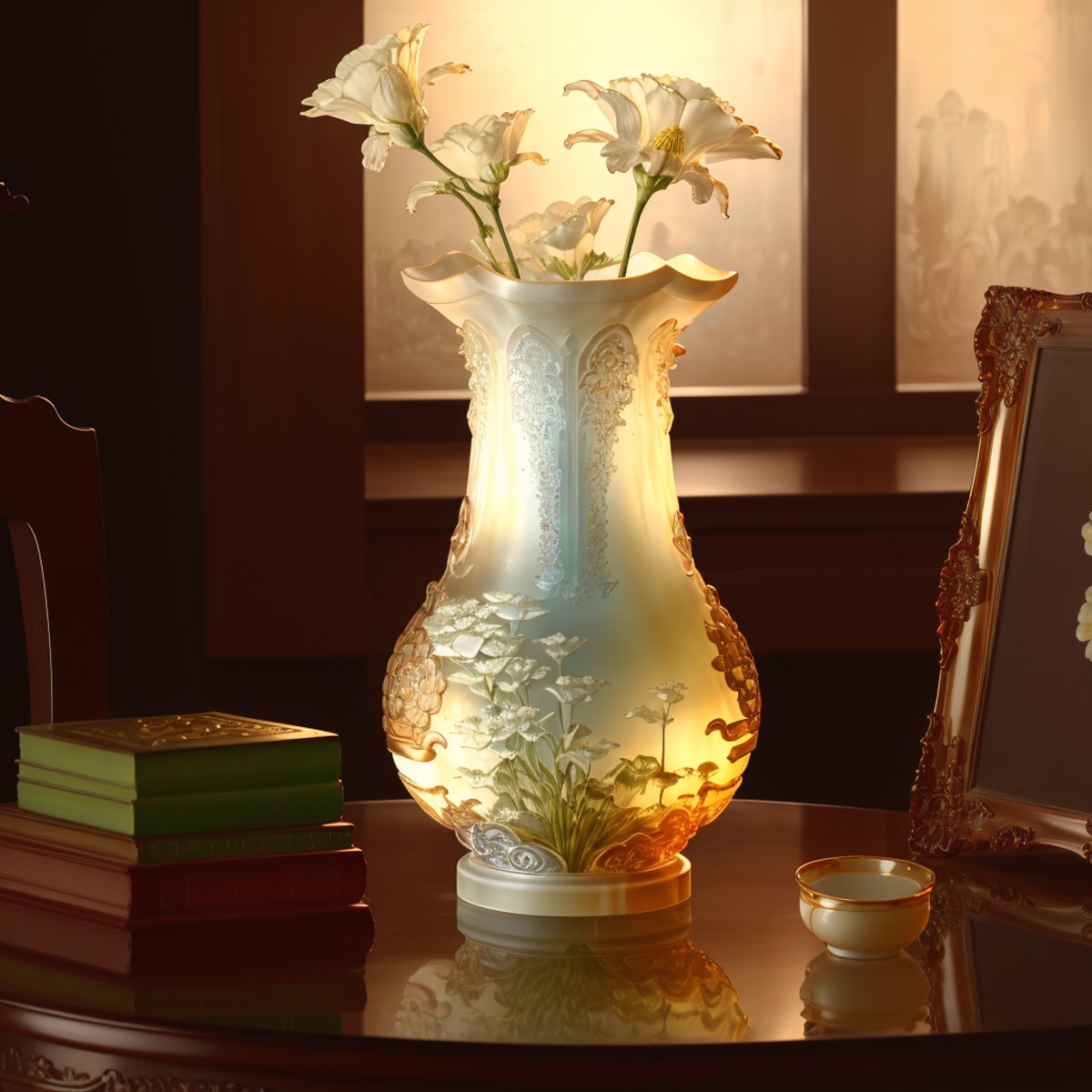 a (ivory glaze, transparent) vase, flower inserted into the vase, (solo:1.2), <lora:colouredglazecd-000006:0.8>, colouredg...